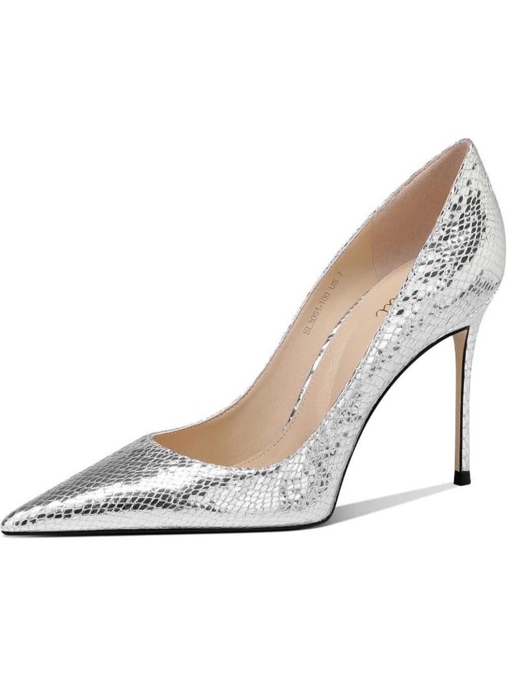 Women's Snake Silver Pointed Toe Stiletto Pump Closed Toe High Heels Pointed Toe